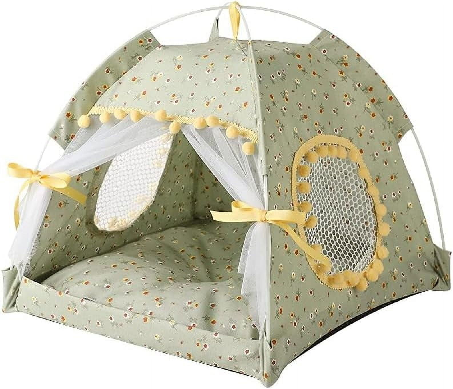 at Bed Tents Dog House Indoor Outdoor Lace Mesh Breathable Windows Door Curtains Removable Portable Nest Teepe House (Small,Green&Yellow)