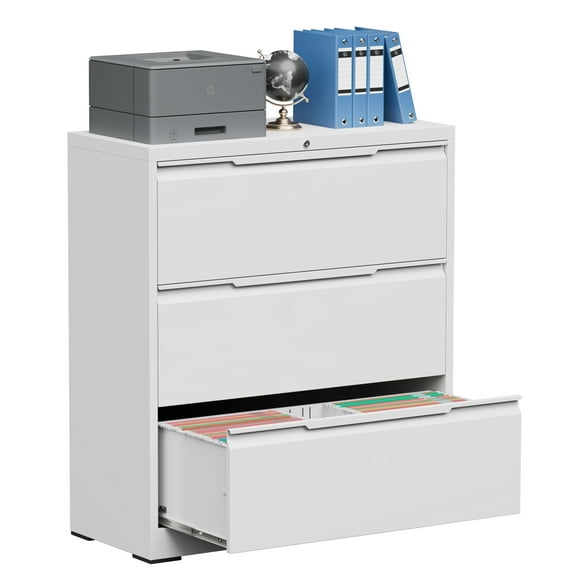 Lateral File Cabinet with Lock, 3 Drawer Lateral Filing Cabinet for Office Home, Locking Metal Steel Wide File Cabinet for Hanging Files Letter/Legal/F4/A4 Size, Easy Assemble White