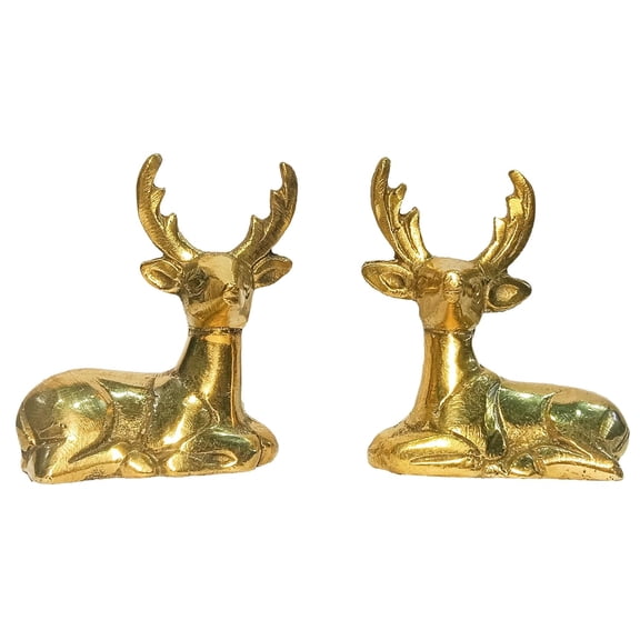 athizay 6.5 cm Brass Deer Idol Feng Shui Pair of Sitting Brass Deer Statue for Longevity and Energetic Environment