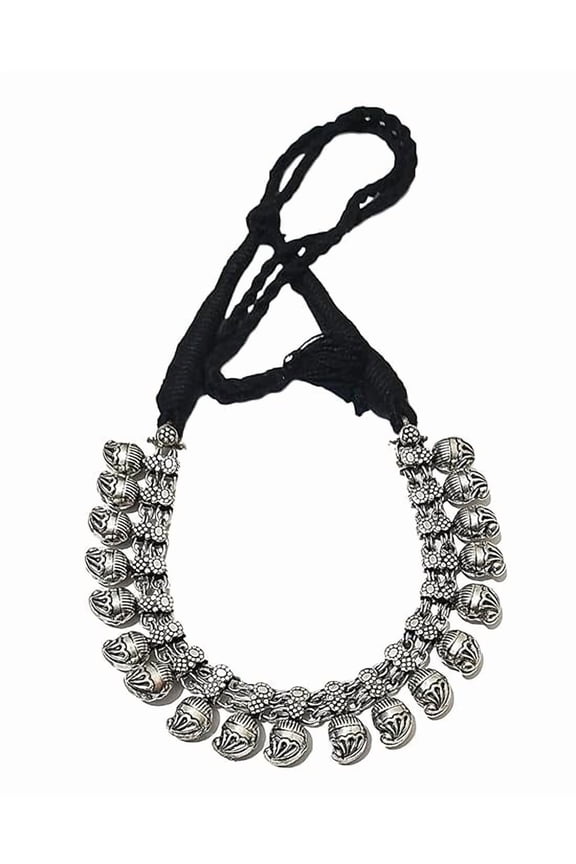 Black Necklace with drawstring thread for Women Oxidised Silver Indian thread Jewelry for Women Black and Silver Ethnic Chokers