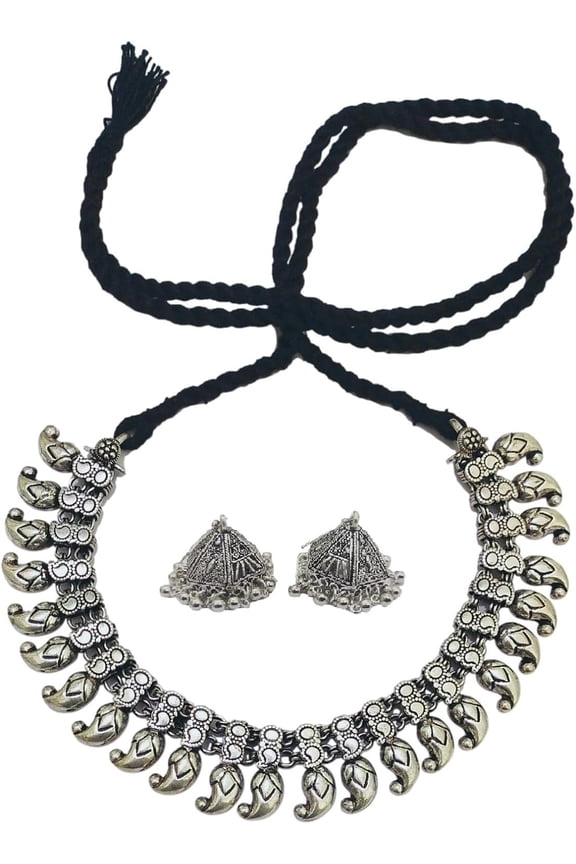 Jewelry set Oxidized Silver Choker for Women Fashion Black Drawstring Indian Necklace set Tribal Inspired Black and Silver Collar Choker