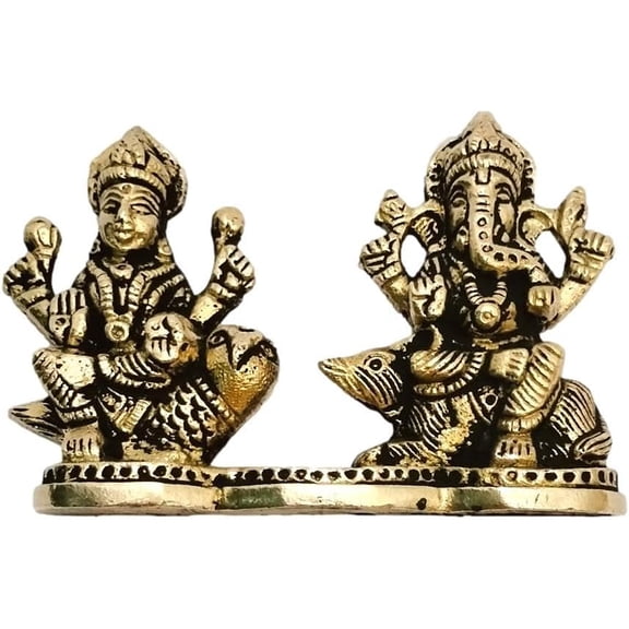 athizay Laxmi Ganesh Statue Sitting on Vahana Owl and Mouse 7 cm Brass Hindu God Idol for Pooja and Gifting Antique Gold Finish