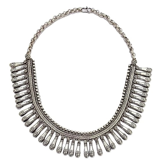 athizay Necklace oxidized silver metal choker Silver Antique texture Designer Bead Necklace or Women tribal || pujo, garba, Diwali, festive ethnic necklace