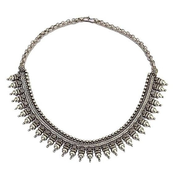athizay Necklace oxidized silver metal choker Silver Antique texture Single Line Designer Bead Jewelry or Women tribal || pujo, garba, Diwali, festive ethnic necklace
