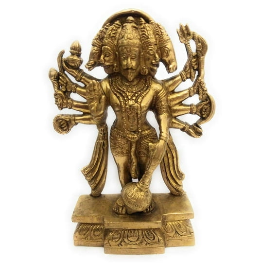 athizay Panch Mukhi Hanuman in Standing Position Brass Idol Gold Finish 8 Inch Big Brass Metal Statue for Home Temple