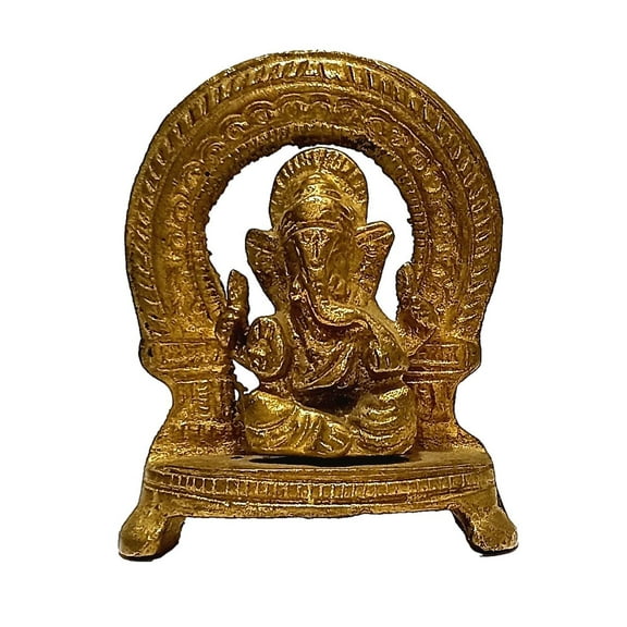 athizay Small Ganesha Darbar Brass Statue Shiny Gold Finish Hindu god Idol 6.7 CM Tall