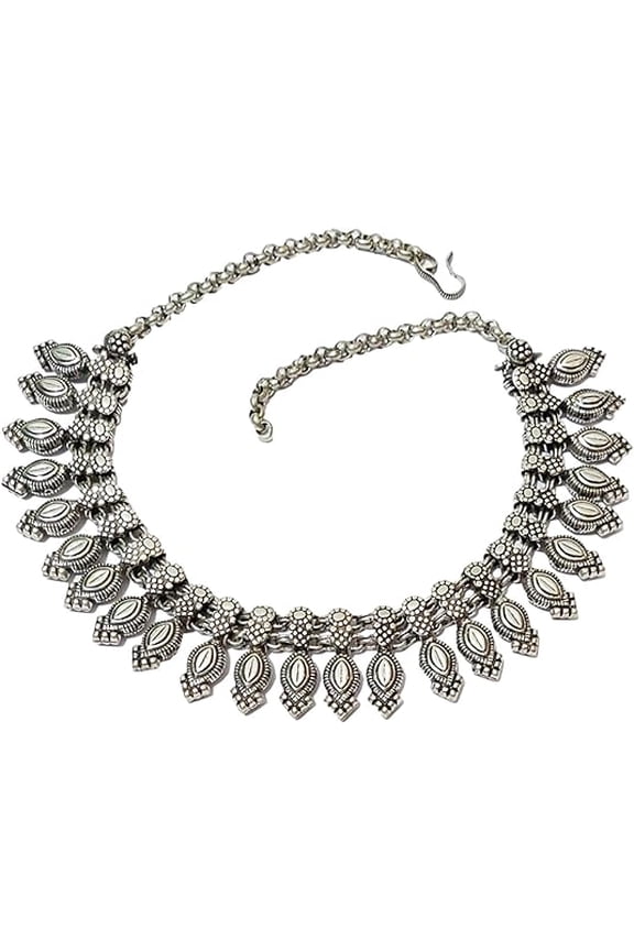 oxidized Indian Necklaces for Women Antique Silver Texture Fashion Jewelry Metal Beads Embellishment Choker