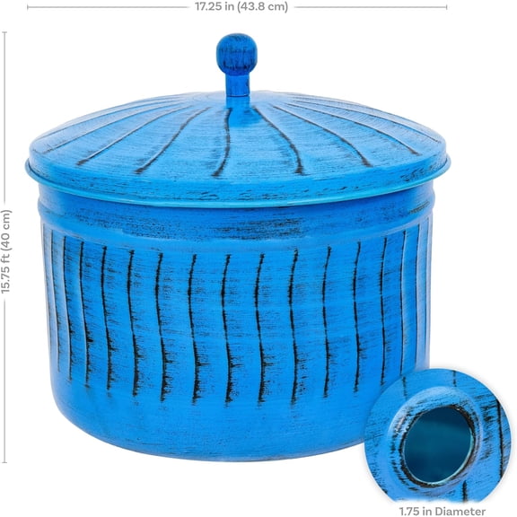 ative Metal Garden Hose Holder Pot with Lid - -Resistant Blue Patina Finish