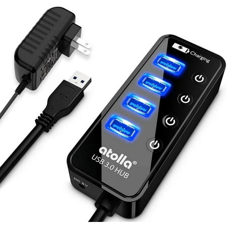 Powered USB Hub, atolla 4-Port USB 3.0 Hub with 4 USB 3.0 Data Ports and 1 USB Smart Charging Port, USB Splitter with Individual On/Off Switches and 5V/3A Power Adapter