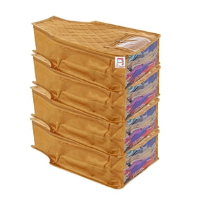 atorakushon 4 Piece Fabric Satin Blouse Cover Clothes Storage Bag Set With Transparent Window Wardrobe Garments Organizers (Gold)