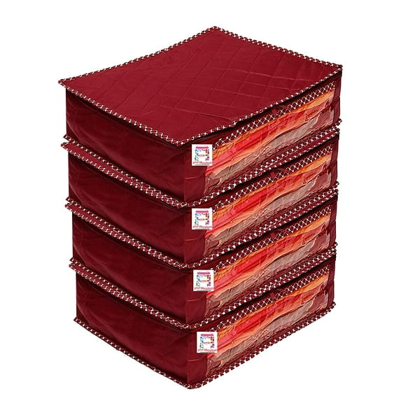 atorakushon Fabric Saree Covers Garments Clothes Storage Bag Wardrobe Organizers Double Zip Lock For Lehenga Suit Dress Accessories 4 Pieces Maroon