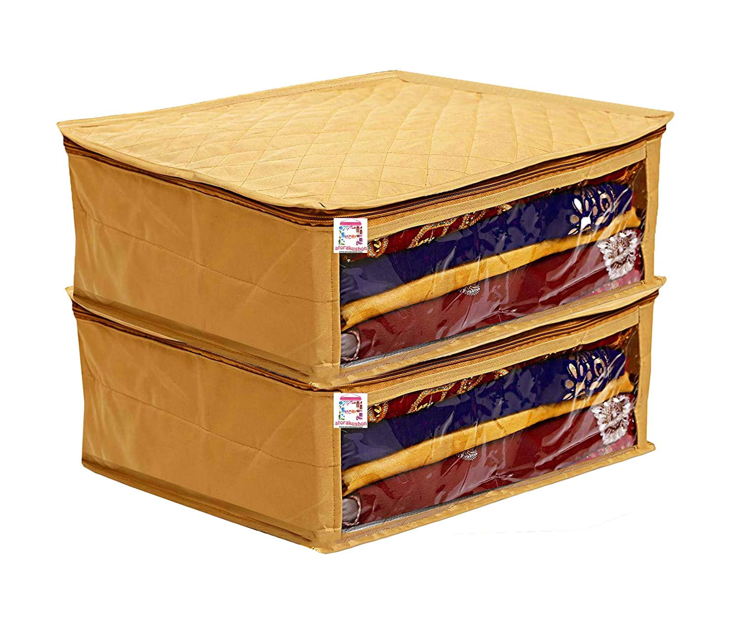 atorakushon Fabric Satin Foldable Saree Covers Cloth Garments Storage Bag Wardrobe Organizers with Strong Zippers & Transparent Window Pack of 2 Gold