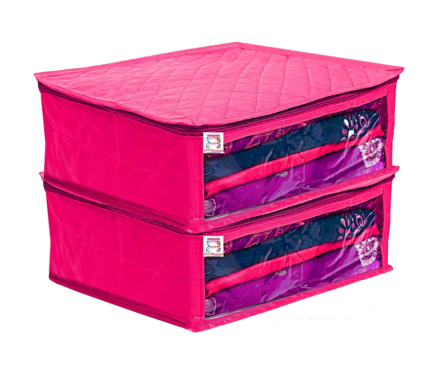 atorakushon Fabric Satin Foldable Saree Covers Cloth Garments Storage Bag Wardrobe Organizers with Strong Zippers & Transparent Window Pack of 2 Pink