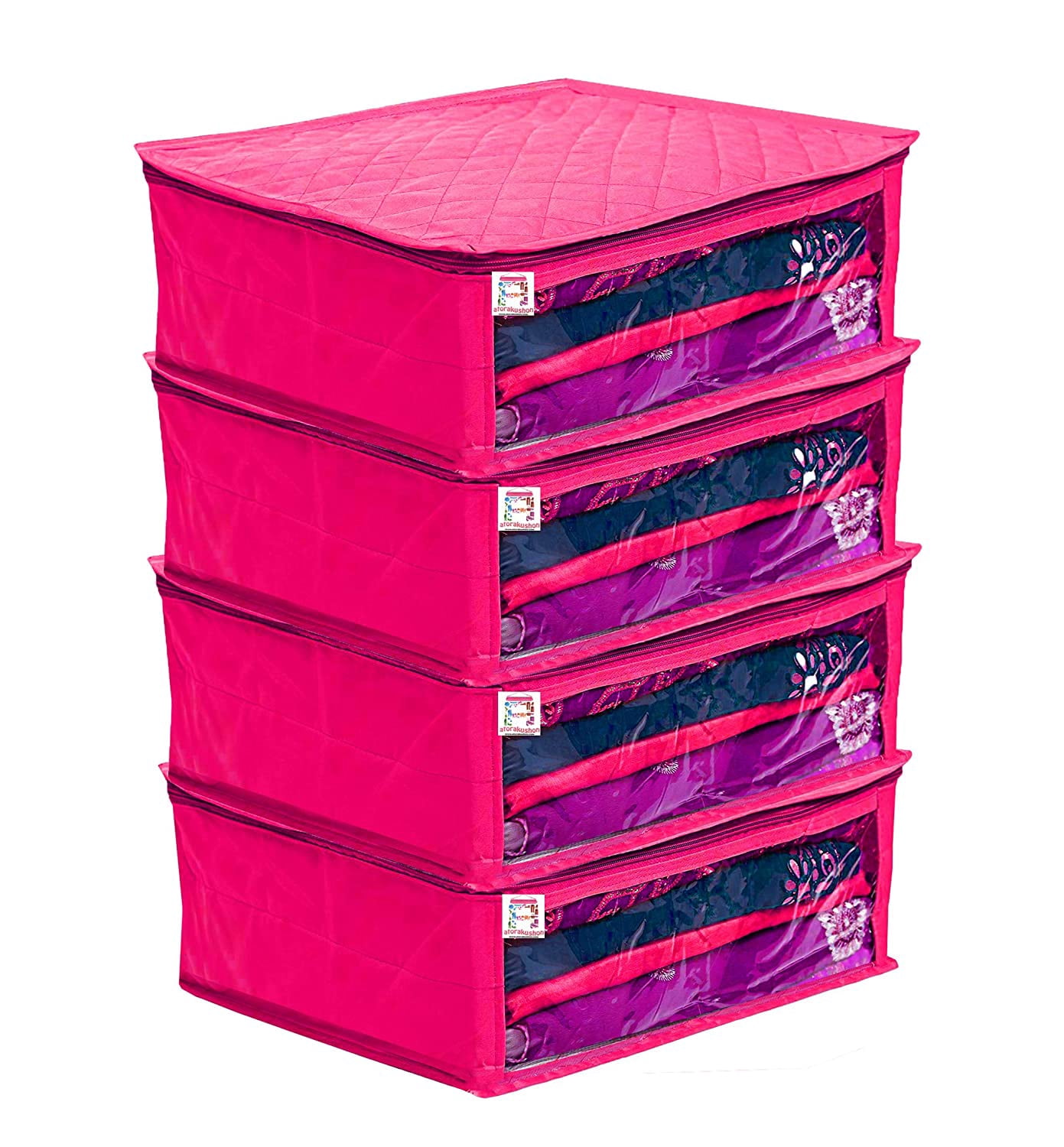 atorakushon Fabric Satin Foldable Saree Covers Cloth Garments Storage Bag Wardrobe Organizers with Strong Zippers & Transparent Window Pack of 4 Pink
