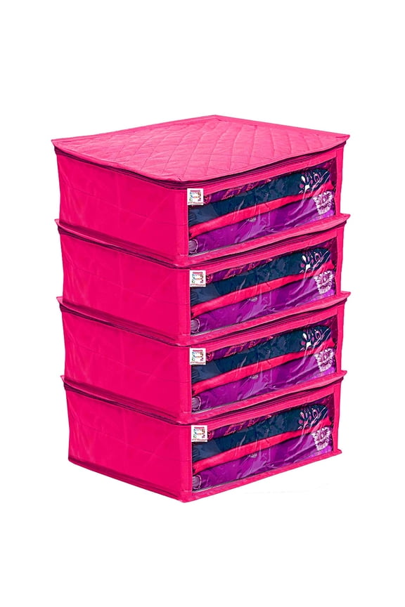 Fabric Satin Foldable Saree Covers Cloth Garments Storage Bag Wardrobe Organizers with Strong Zippers & Transparent Window Pack of 4 Pink