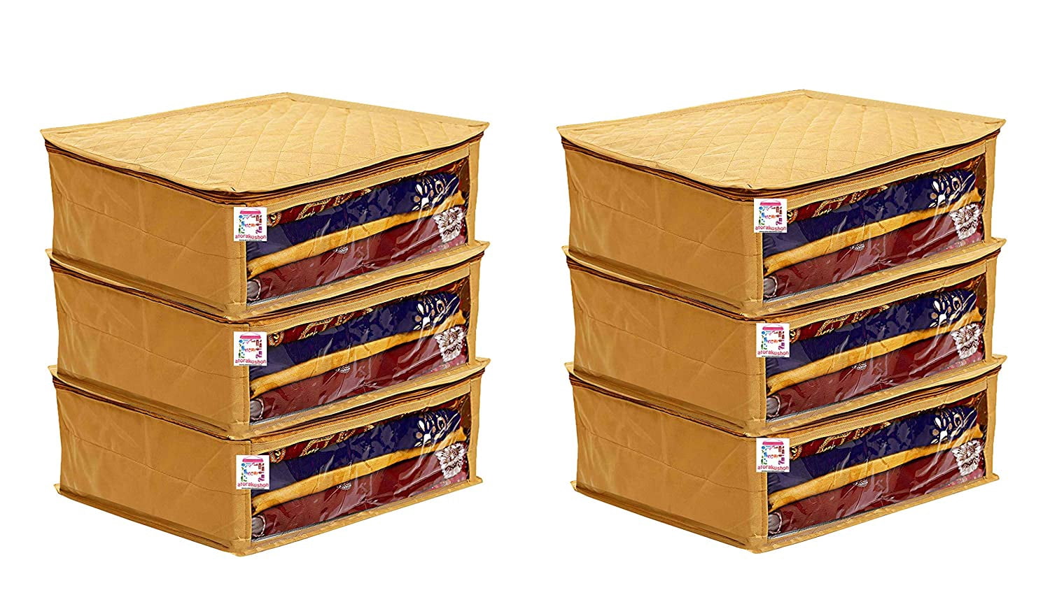 atorakushon Fabric Satin Foldable Saree Covers Cloth Garments Storage Bag Wardrobe Organizers with Strong Zippers & Transparent Window Pack of 6 Gold