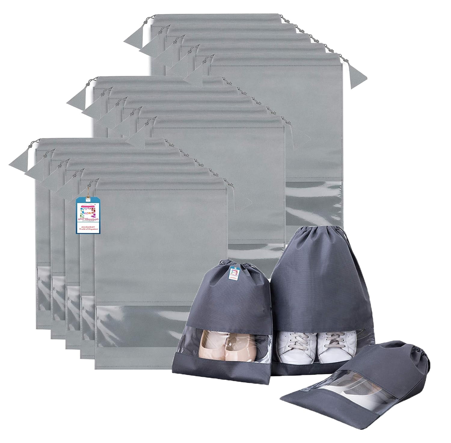 atorakushon Non Woven Fabric Shoe Cover Travelling Storage Bag Footwear Wardrobe Organizer Pouch Pack of 24 Grey