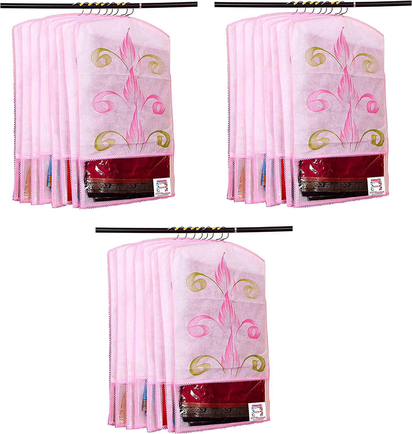 atorakushon Nonwoven 25'' Hanging Garment Suit Bags Storage Clothes Cover with Clear Window for Tuxedos Shirts Saree Pack of 18 Printed color