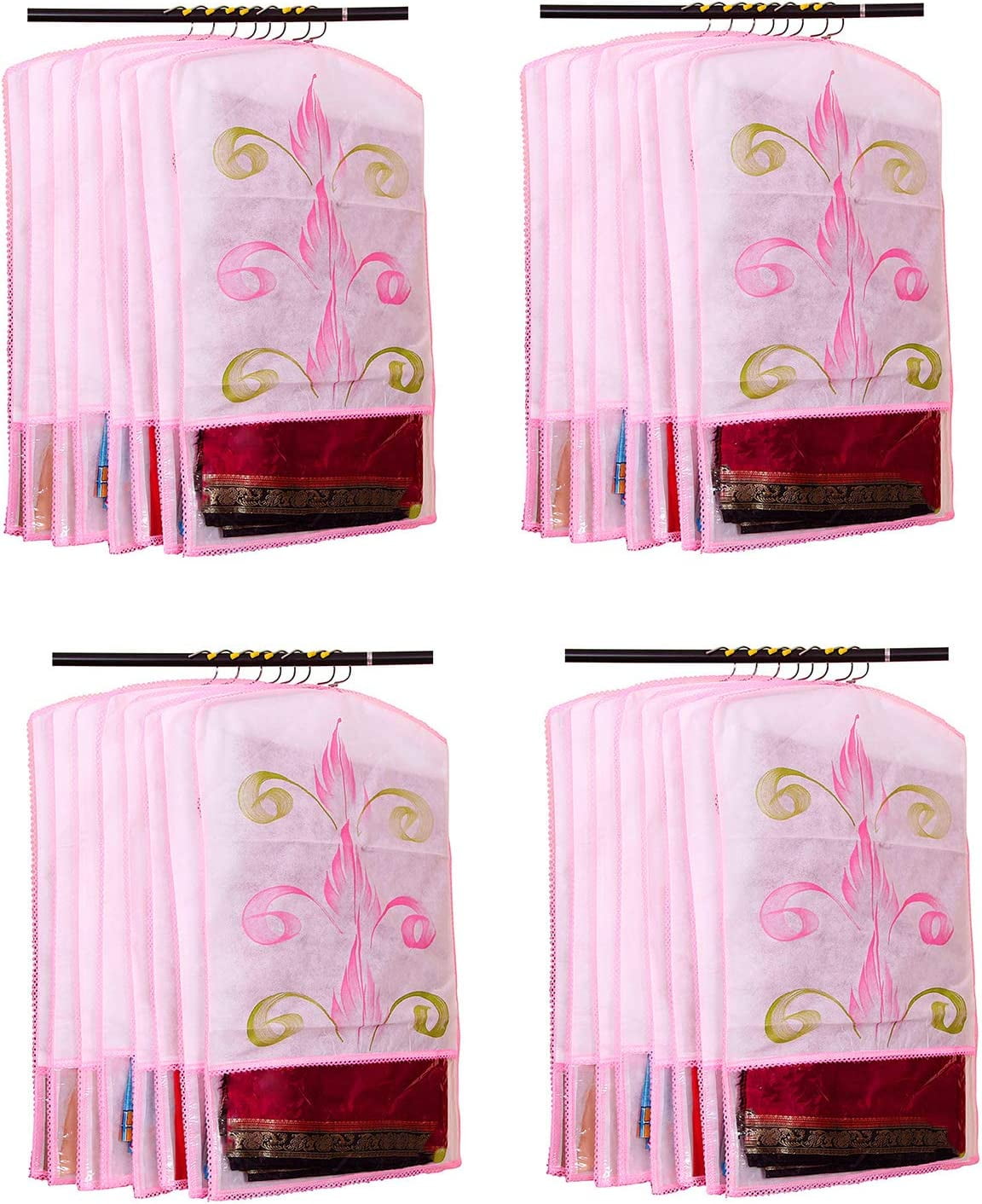 atorakushon Nonwoven 25'' Hanging Garment Suit Bags Storage Clothes Cover with Clear Window for Tuxedos Shirts Saree Pack of 24 Printed color
