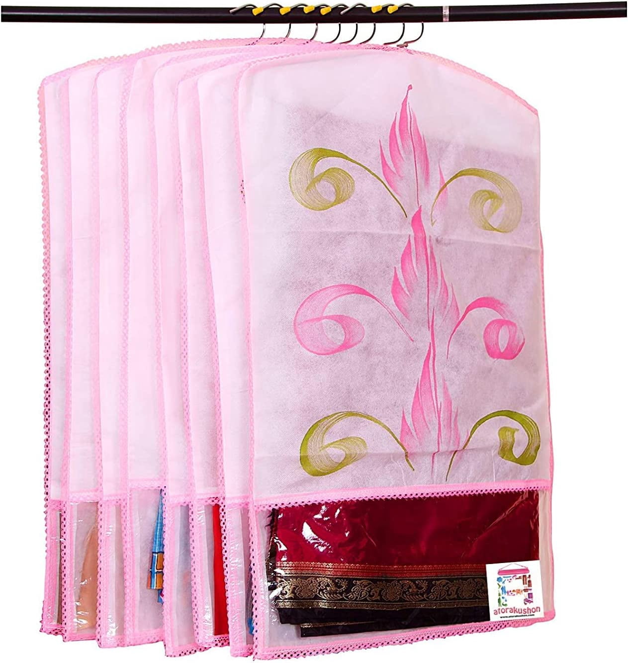 atorakushon Nonwoven 25'' Hanging Garment Suit Bags Storage Clothes Cover with Clear Window for Tuxedos Shirts Saree Pack of 6 Printed color