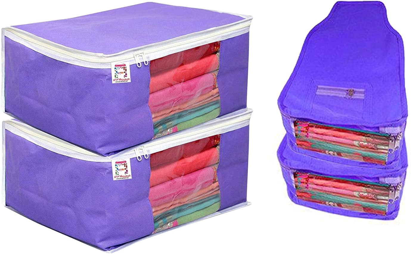 atorakushon Nonwoven Fabric 2 Saree and 2 Blouse Garments Clothing Storage Cover Bag Pouch Wardrobe Organizers with Clear Window view Zip Lock Blue
