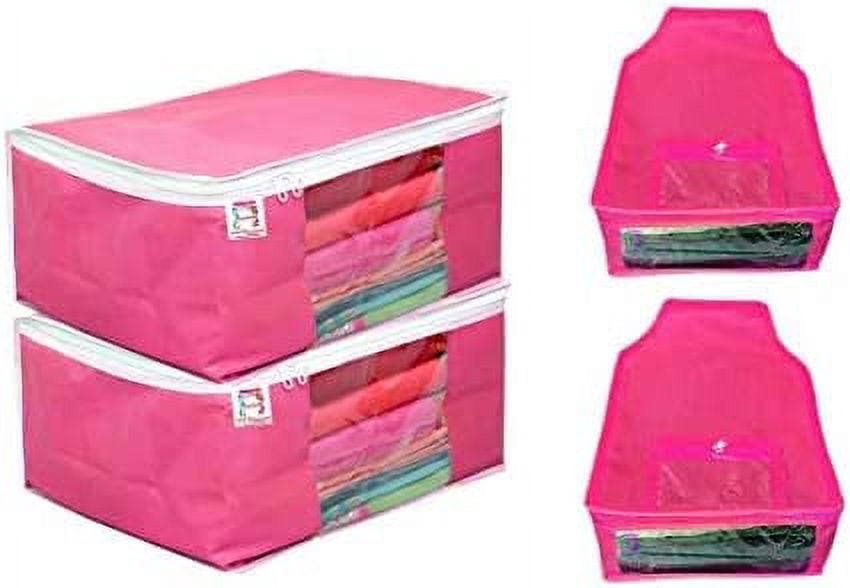 atorakushon Nonwoven Fabric 2 Saree and 2 Blouse Garments Clothing Storage Cover Bag Pouch Wardrobe Organizers with Clear Window view Zip Lock Pink