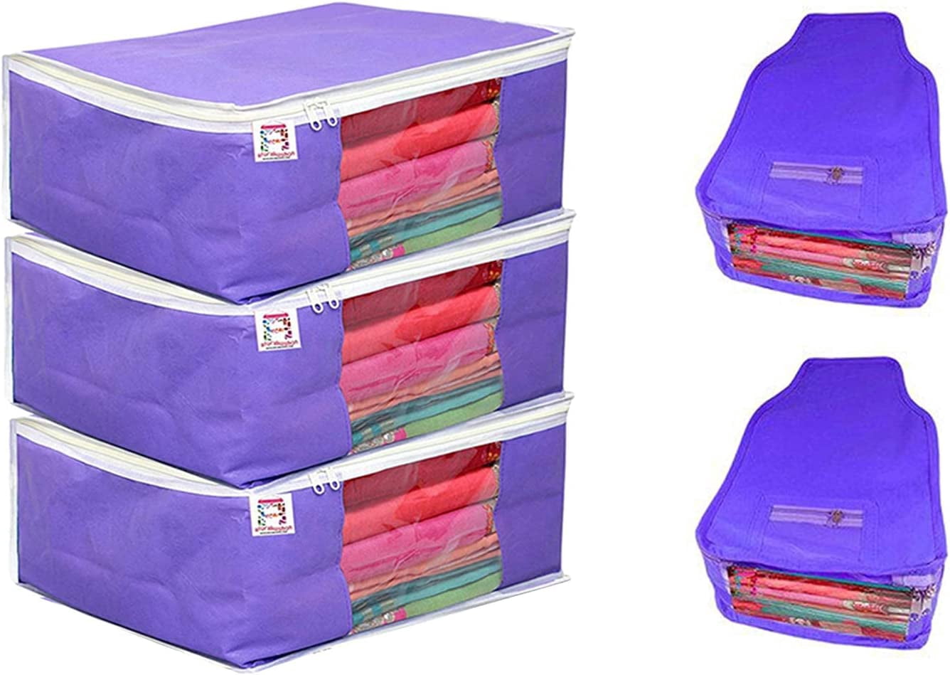 atorakushon Nonwoven Fabric 3 Saree and 2 Blouse Garments Clothing Storage Cover Bag Pouch Wardrobe Organizers with Clear Window view Zip Lock Blue
