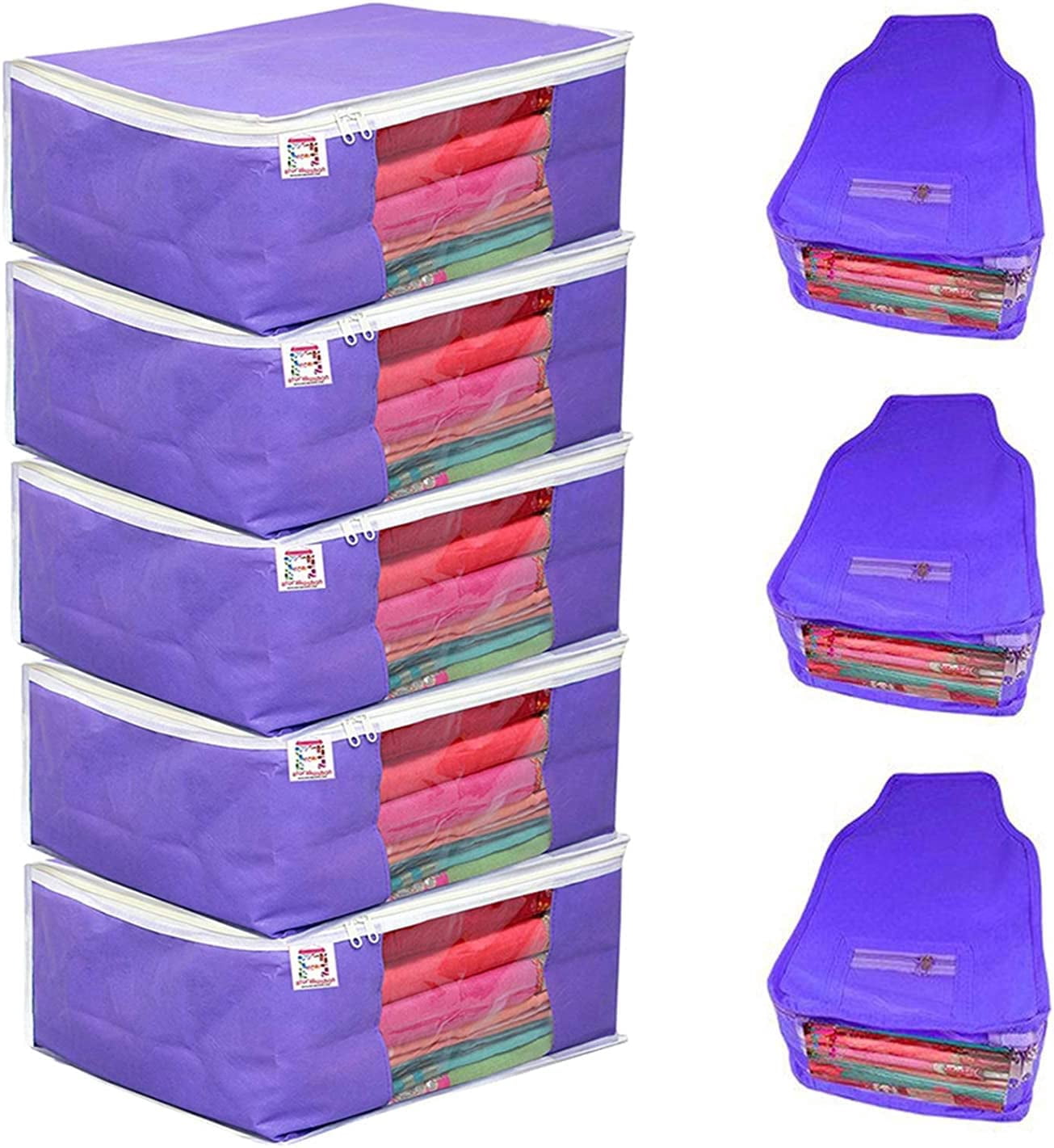 atorakushon Nonwoven Fabric 5 Saree and 3 Blouse Garments Clothing Storage Cover Bag Pouch Wardrobe Organizers with Clear Window view Zip Lock Blue