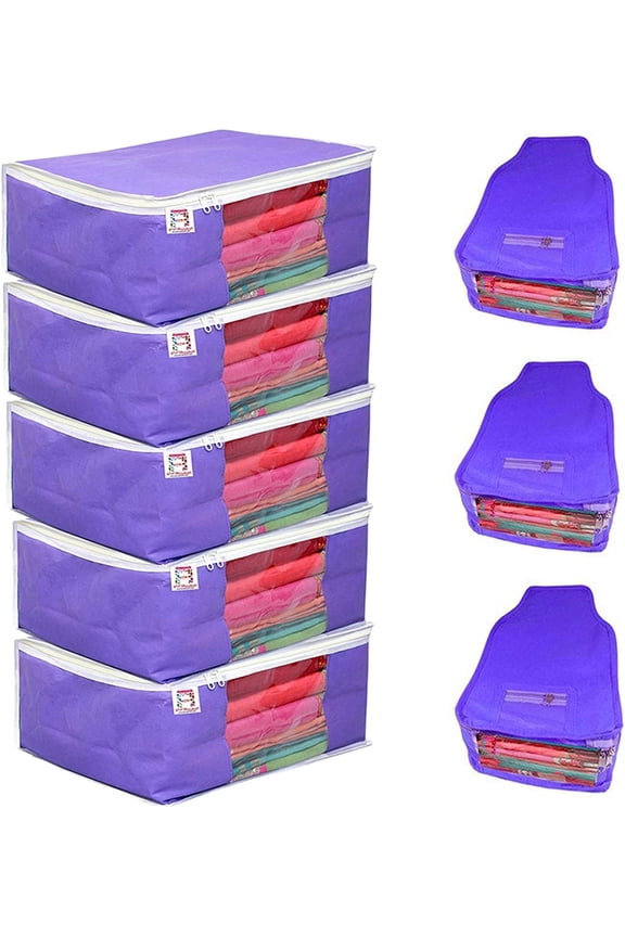 Nonwoven Fabric 5 Saree and 3 Blouse Garments Clothing Storage Cover Bag Pouch Wardrobe Organizers with Clear Window view Zip Lock Blue