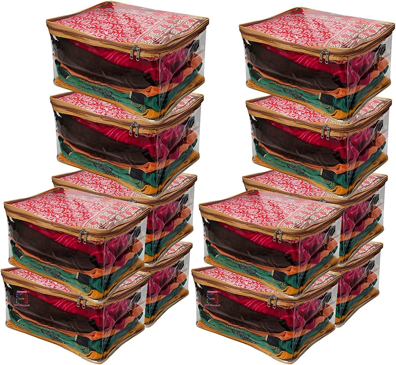 atorakushon Pack of 12 Saree Blouse Garments Storage Cover pouch Cloth Bag Full Transparent for Clear View with Zip Lock For Gown Suits Dresses (Gold)