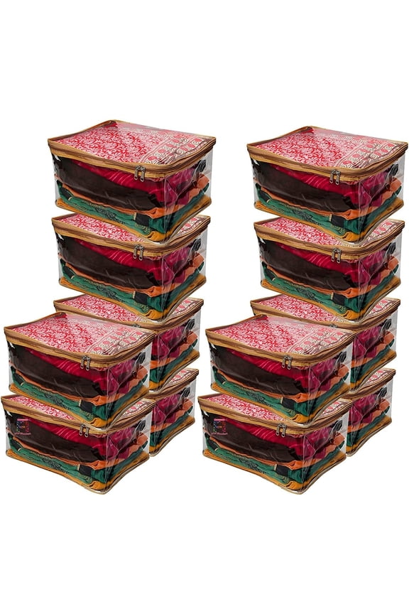Pack of 12 Saree Blouse Garments Storage Cover pouch Cloth Bag Full Transparent for Clear View with Zip Lock For Gown Suits Dresses (Gold)