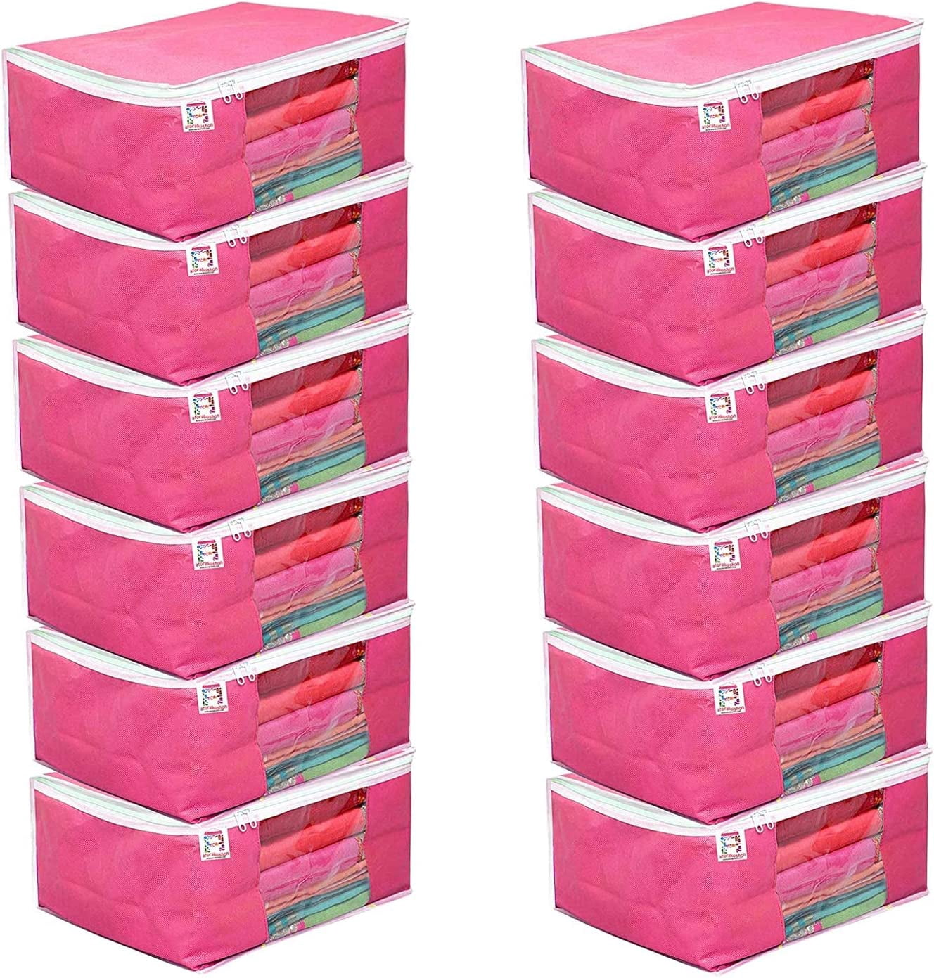 atorakushon Pack of 12 Nonwoven Fabric Foldable Garments Sare Blouse Clothes Storage Cover Bag Pouch With Transparent Window and Zip Lock (Pink)