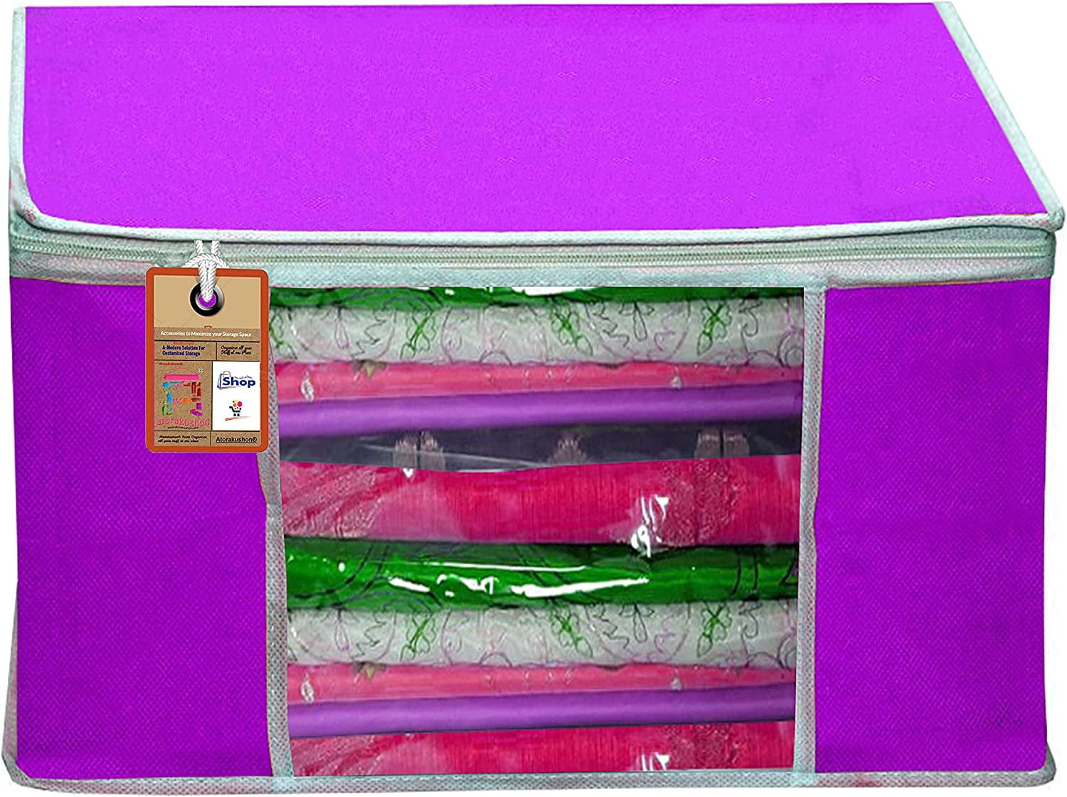 atorakushon Pack of 12 Nonwoven Fabric Foldable Garments Sare Blouse Clothes Storage Cover Bag Pouch With Transparent Window and Zip Lock (Purple)