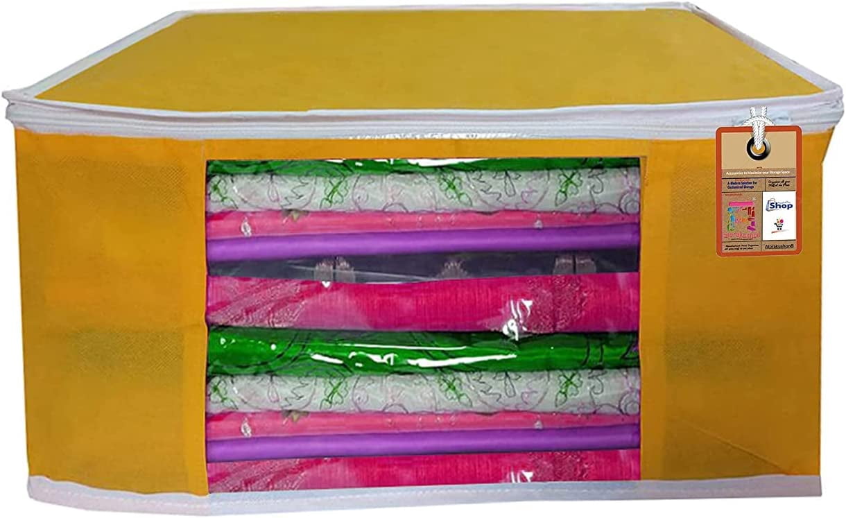 atorakushon Pack of 12 Nonwoven Fabric Foldable Garments Sare Blouse Clothes Storage Cover Bag Pouch With Transparent Window and Zip Lock (Yellow)