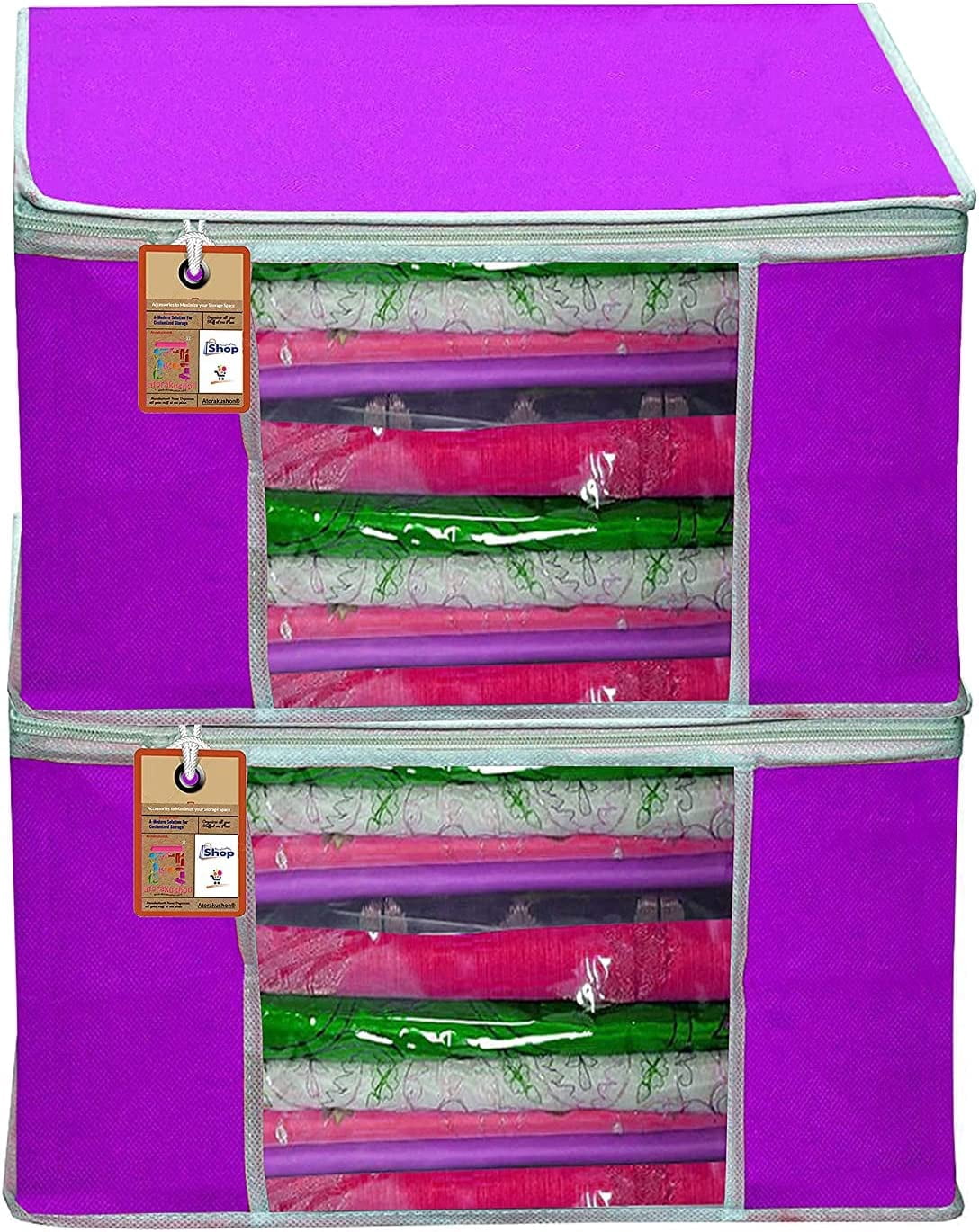atorakushon Pack of 2 Nonwoven Fabric Foldable Garments Sare Blouse Clothes Storage Cover Bag Pouch With Transparent Window and Zip Lock (Purple)