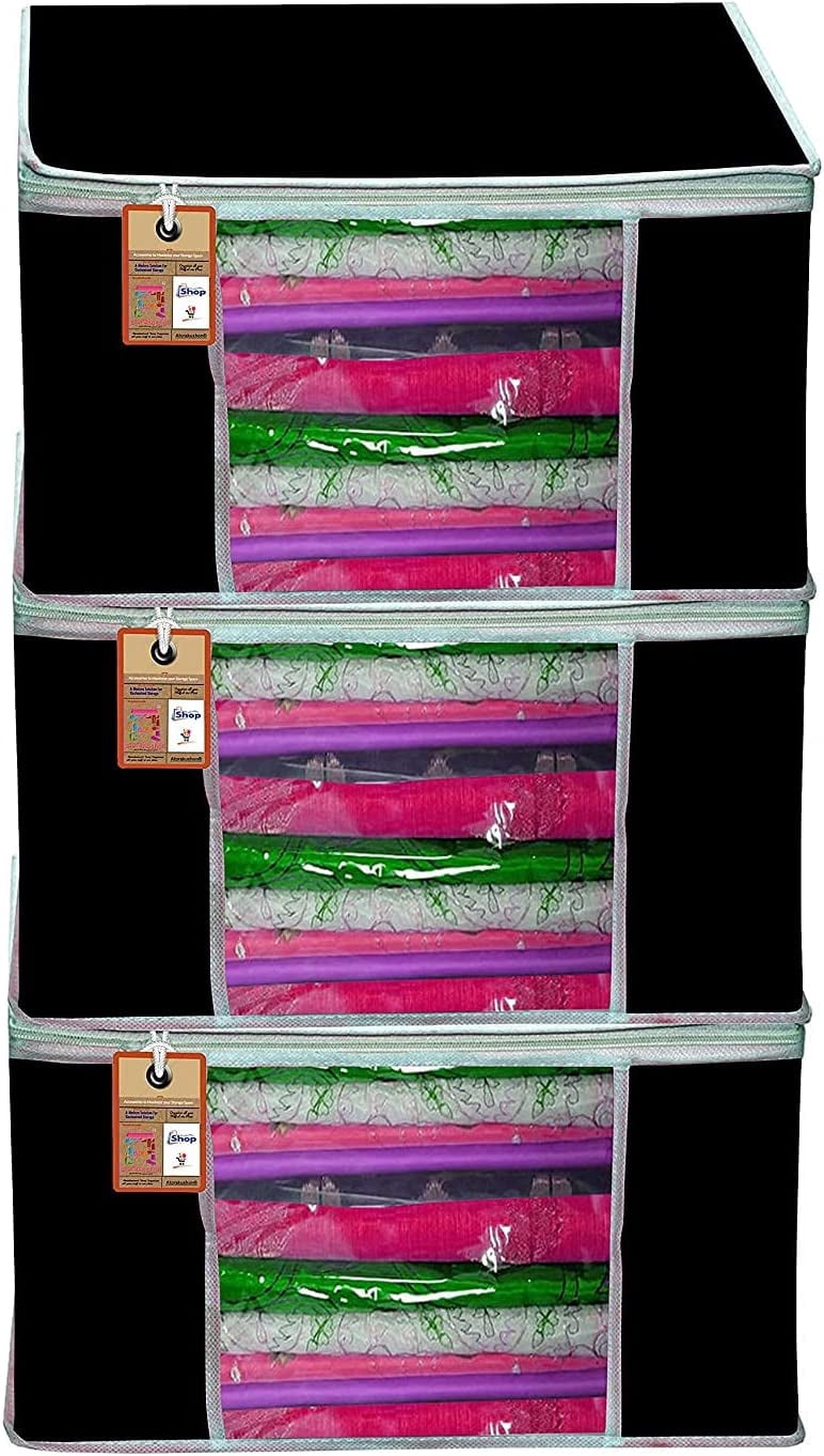atorakushon Pack of 3 Nonwoven Fabric Foldable Garments Sare Blouse Clothes Storage Cover Bag Pouch With Transparent Window and Zip Lock (Black)