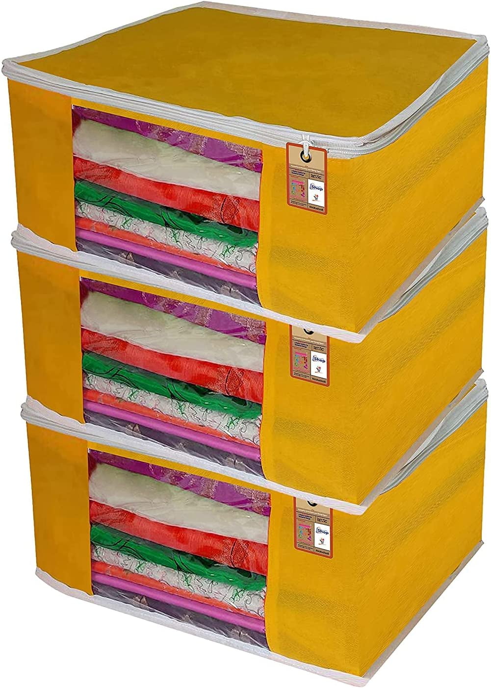 atorakushon Pack of 3 Nonwoven Fabric Foldable Garments Sare Blouse Clothes Storage Cover Bag Pouch With Transparent Window and Zip Lock (Yellow)