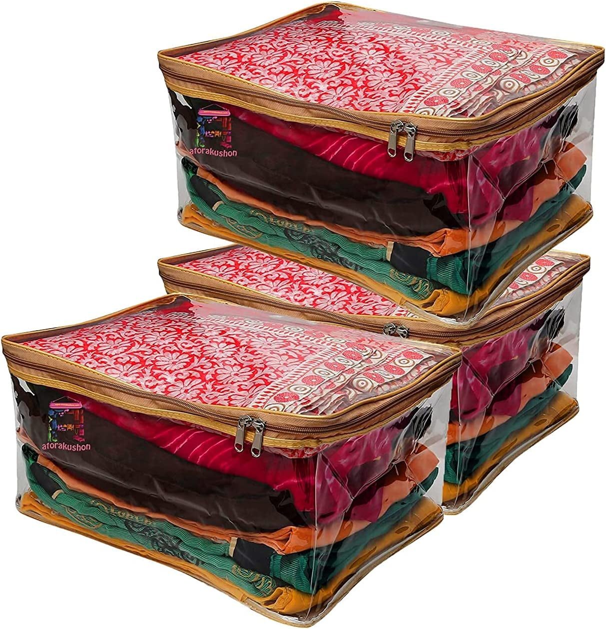 atorakushon Pack of 3 Saree Blouse Garments Storage Cover pouch Cloth Bag Full Transparent for Clear View with Zip Lock For Gown Suits Dresses (Gold)