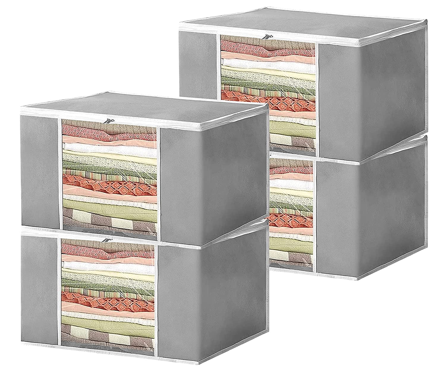 atorakushon Pack of 4 Nonwoven Fabric Foldable Garments Sare Blouse Clothes Storage Cover Bag Pouch With Transparent Window and Zip Lock (Grey)
