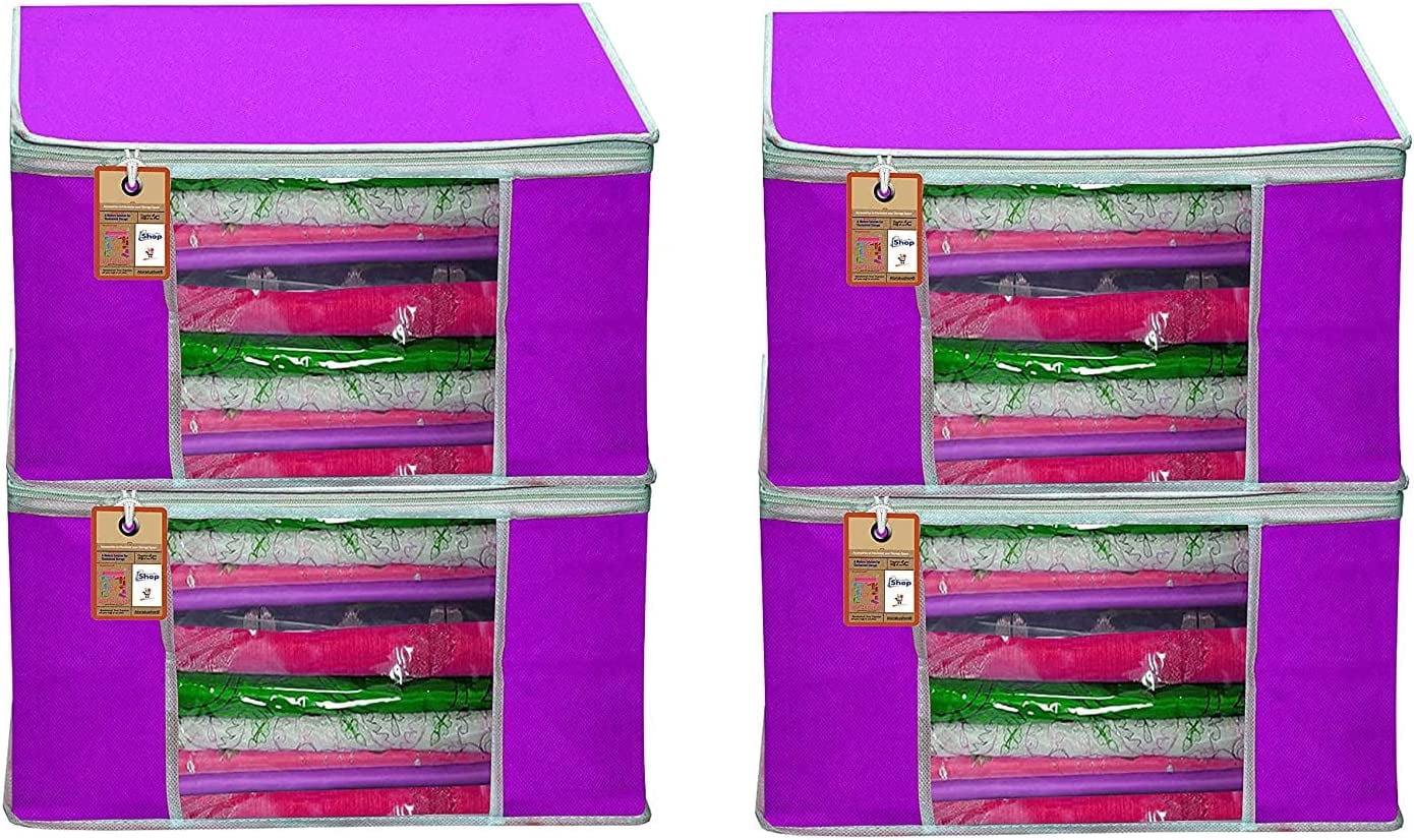 atorakushon Pack of 4 Nonwoven Fabric Foldable Garments Sare Blouse Clothes Storage Cover Bag Pouch With Transparent Window and Zip Lock (Purple)