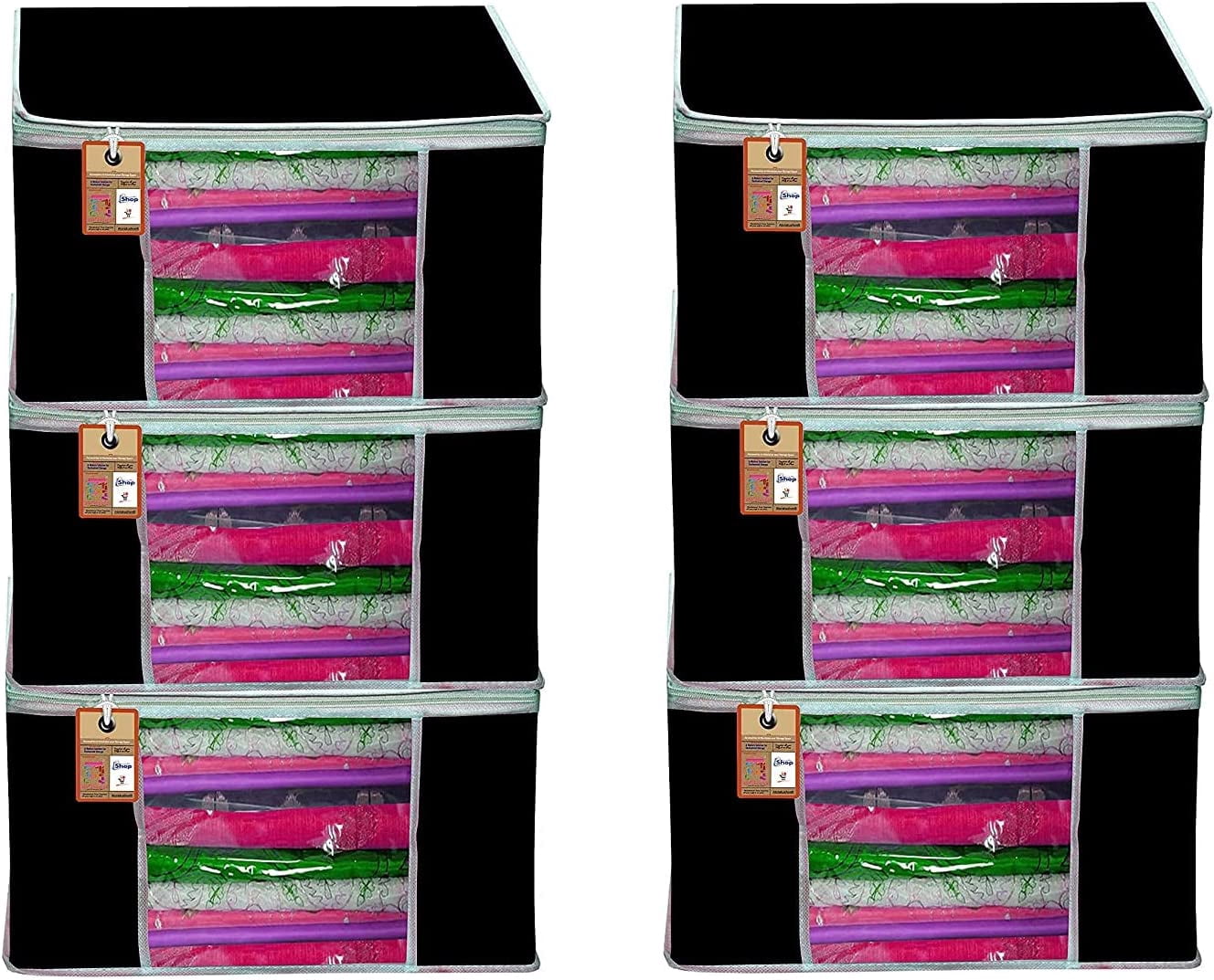 atorakushon Pack of 6 Nonwoven Fabric Foldable Garments Sare Blouse Clothes Storage Cover Bag Pouch With Transparent Window and Zip Lock (Black)