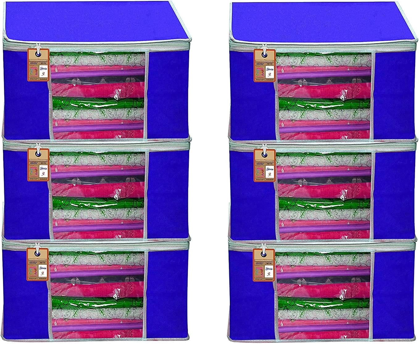 atorakushon Pack of 6 Nonwoven Fabric Foldable Garments Sare Blouse Clothes Storage Cover Bag Pouch With Transparent Window and Zip Lock (Blue)