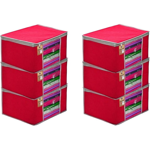 atorakushon Pack of 6 Nonwoven Fabric Foldable Garments Sare Blouse Clothes Storage Cover Bag Pouch With Transparent Window and Zip Lock (Pink)