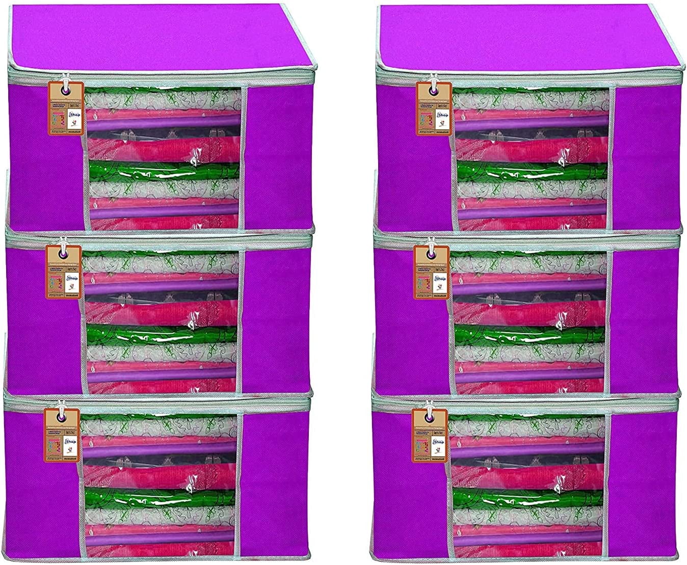 atorakushon Pack of 6 Nonwoven Fabric Foldable Garments Sare Blouse Clothes Storage Cover Bag Pouch With Transparent Window and Zip Lock (Purple)