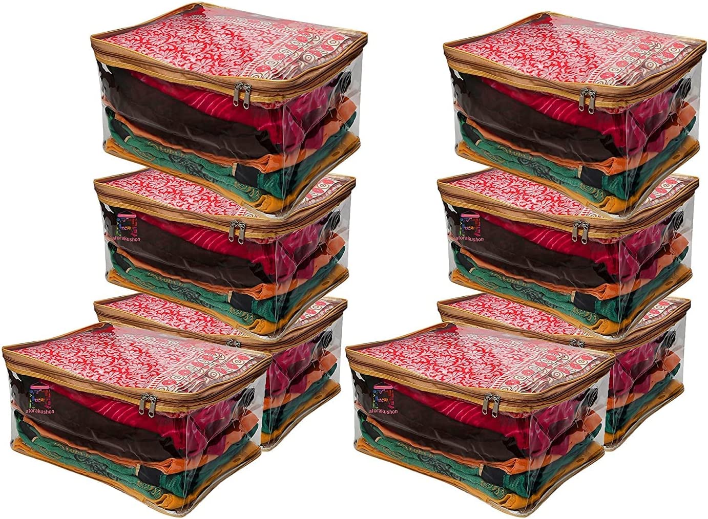 atorakushon Pack of 8 Saree Blouse Garments Storage Cover pouch Cloth Bag Full Transparent for Clear View with Zip Lock For Gown Suits Dresses (Gold)