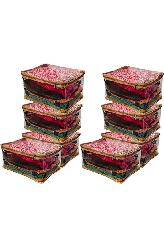 Pack of 8 Saree Blouse Garments Storage Cover pouch Cloth Bag Full Transparent for Clear View with Zip Lock For Gown Suits Dresses (Gold)