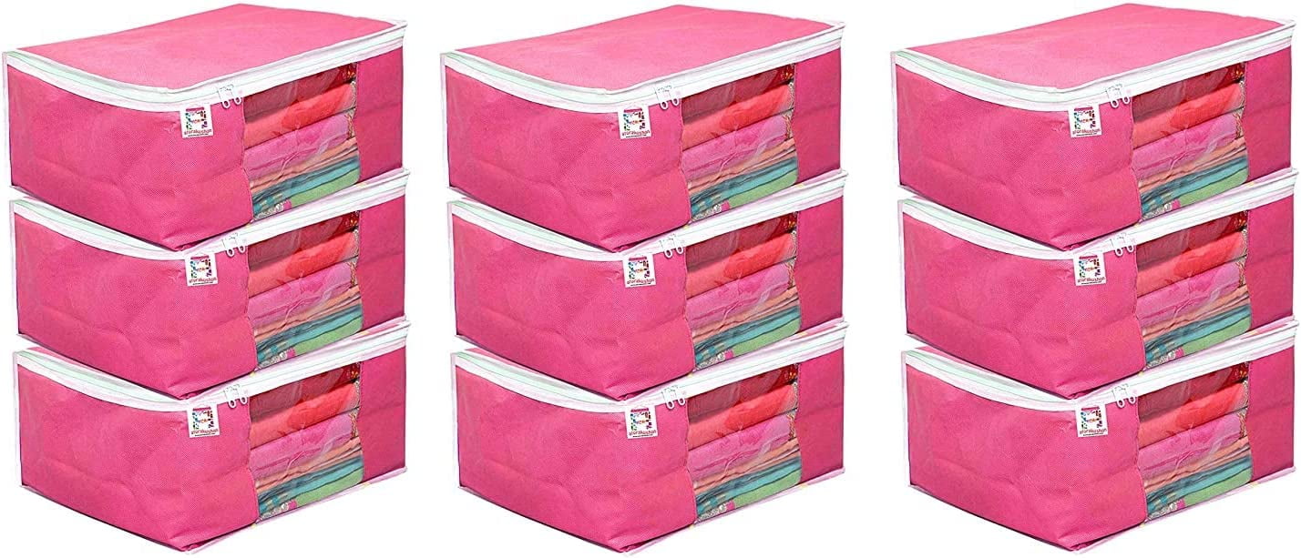 atorakushon Pack of 9 Nonwoven Fabric Foldable Garments Sare Blouse Clothes Storage Cover Bag Pouch With Transparent Window and Zip Lock (Pink)