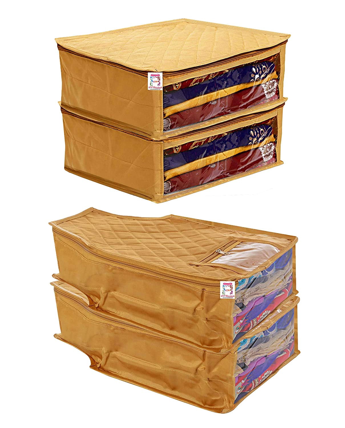 atorakushon Satin Fabric 2 Saree & 2 Blouse Covers Clothes Garments Storage Bag Wardrobe Organizers Strong Zippers & Transparent Window Set of 4 Gold