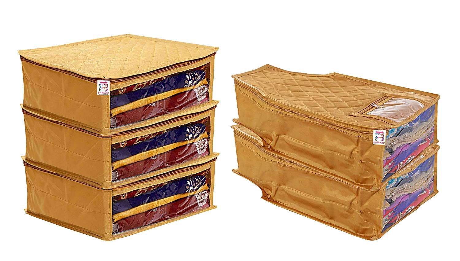 atorakushon Satin Fabric 3 Saree & 2 Blouse Covers Clothes Garments Storage Bag Wardrobe Organizers Strong Zippers & Transparent Window Set of 5 Gold