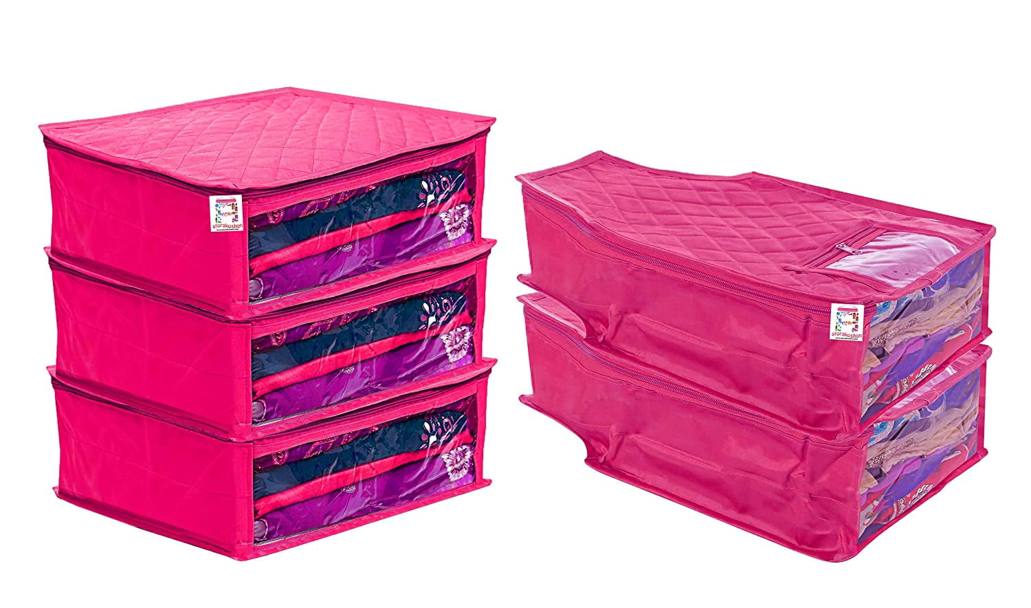 atorakushon Satin Fabric 3 Saree & 2 Blouse Covers Clothes Garments Storage Bag Wardrobe Organizers Strong Zippers & Transparent Window Set of 5 Pink